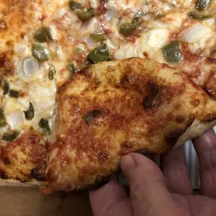 a hand holding a slice of pizza