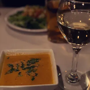Our Amazing Appetizers Lobster Bisque Soup and a Garden Salad.