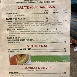 a pizza menu