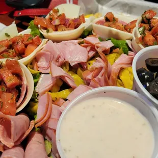 Antipasto Salad - Large, beautiful to look at, and even better in the tummy.  Sadly, the creamy salad dressing failed.