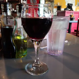 a glass of wine on a table