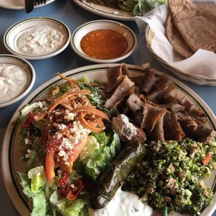 Top is the flash grilled lamb plate and bottom is the Romans Salad add gyro. Do ask for their hot sauce (middle)!