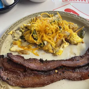 Eggs with mushrooms and asparagus, thick cut crispy bacon!