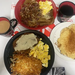Chicken fried steak with a pancake &amp; Corned beef hash with hash browns instead of home fries.