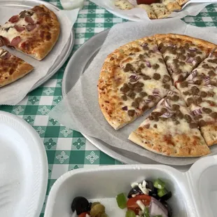 Cheese Bread, Garden Salad, thin crust beef and onion, regular crust Canadian bacon &amp; mushroom