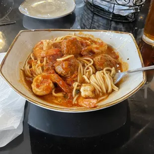 Spaghetti and Meatballs with Shrimp added ! Delicious