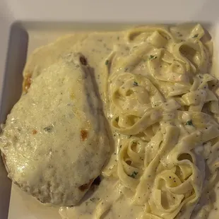 Chicken Parmesan (sub- marinara for alfredo) with fettuccini Alfredo