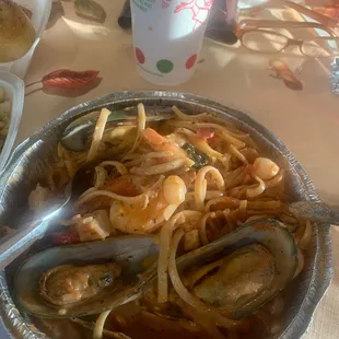 Linguini with mussels, scallops, shrimp, squid and crab.