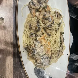 a plate of pasta and mushrooms