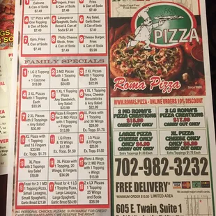 The menu that was in our hotel room.