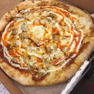 Buffalo chicken pizza... too much chicken it&apos;s like grilled seasoning versus Buffalo