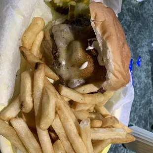 Blue Cheese Burger and fries