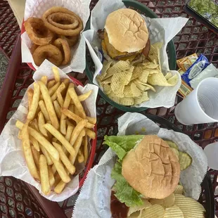 California burger, Double Bacon Cheeseburger, small fries and onion ring baskets
