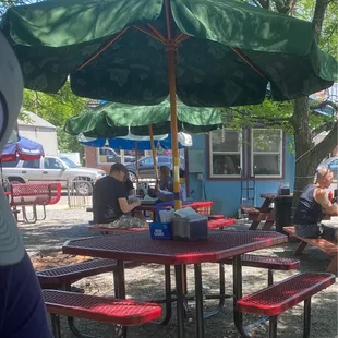 a group of people sitting at picnic tables under umbrellas