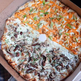 Half black mushroom truffle and half Buffalo chicken