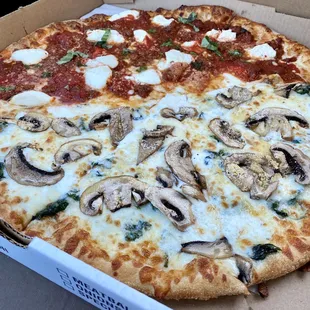 Large pizza, half creamy spinach (added mushrooms) and half lasagna