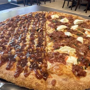 Half BBQ Chicken Pizza, Half Lasagna Pie