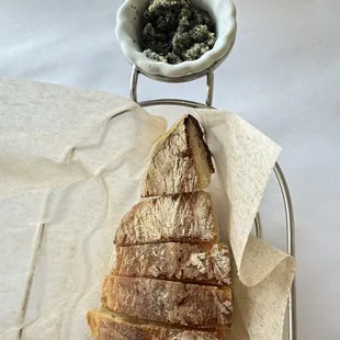 Baked bread with olive tapenade spread