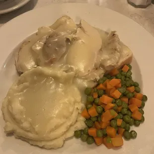 Hot roast chicken sandwich with gravy, mash and veg. They do NOT have turkey... chicken was great, tasted like Turkey lol
