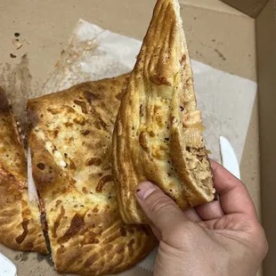 a hand holding a piece of pizza