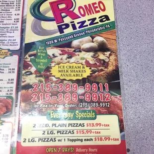Romeo Pizza menu
