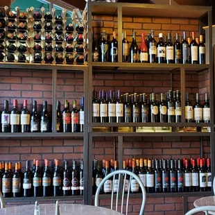 a wall of wine bottles