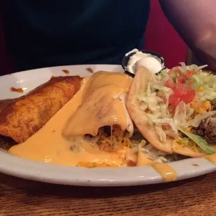Enchilada, burrito and taco.
