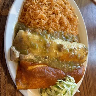 Lunch special pork burrito, pork enchilada with rice!