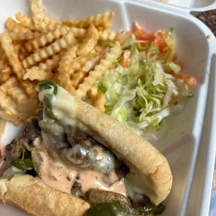 a sandwich and french fries in a styrofoam container