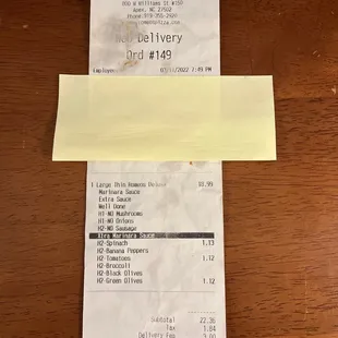 A receipt for a pizza without pepperonis.