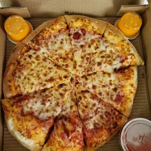 a cheese pizza in a box
