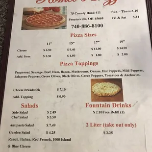 a menu for a pizza