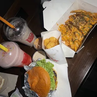 romeo mac double burger, chilli cheese fries, strawberry and oreo milkshake, tots