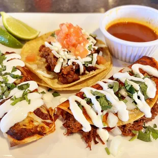 Steak taco; Quesbirria taco; Chicken enchilada