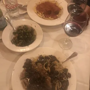 Penne w sausage, veal Marsala and broccoli rabe on side