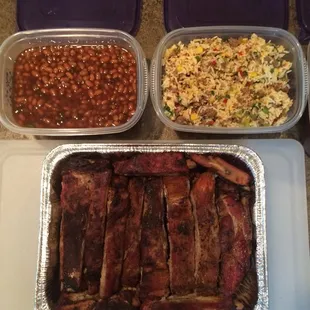 ribs, beans, and rice