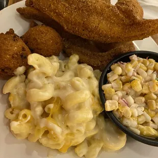 Catfish filet, corn salad, Mac n cheese