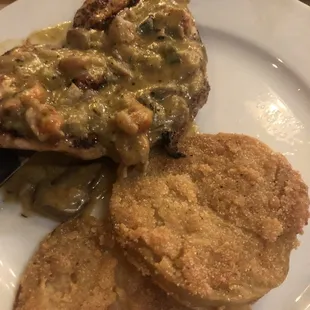 Grilled Chicken Romie with fried green tomatoes that'll make you also your grand momma
