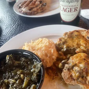 Greens, garlic cheese potatoes and chicken Romeo.