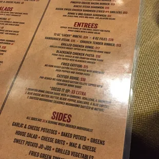 Half of the dinner menu