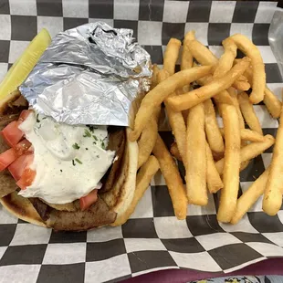 Gyro with fries and pickle