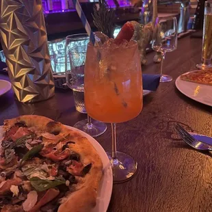 a pizza and a drink