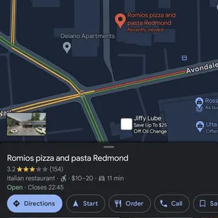 Google Maps showing as Romio&apos;s Pizza and Pasta, along with the first photo being a photo of the Romio&apos;s Pizza and Pasta Kirkland location.