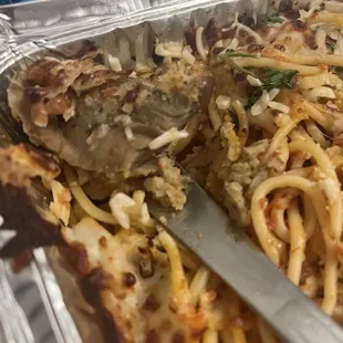 Nasty undercooked eggplant with dried out pasta