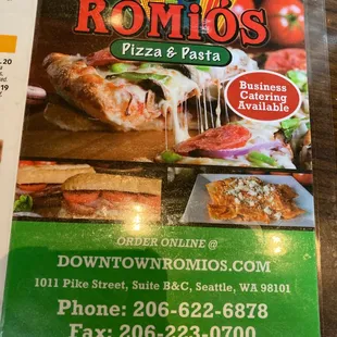 Romio&apos;s Pizza Menu