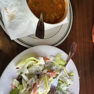 Artichoke soup and salad with ranch