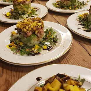 Langoustines Avocado Trifle over Micro Greens with Fig Glaze