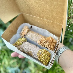 * Instagram: @janeteats *  1) Chocolate filling &amp; pistachio topping 2) Pumpkin filling, toffee topping, chocolate-dipped shell