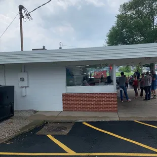 a group of people standing outside of a building