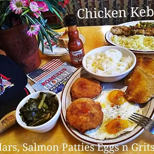 chicken kebab, collars, salmon patties, eggs and grits